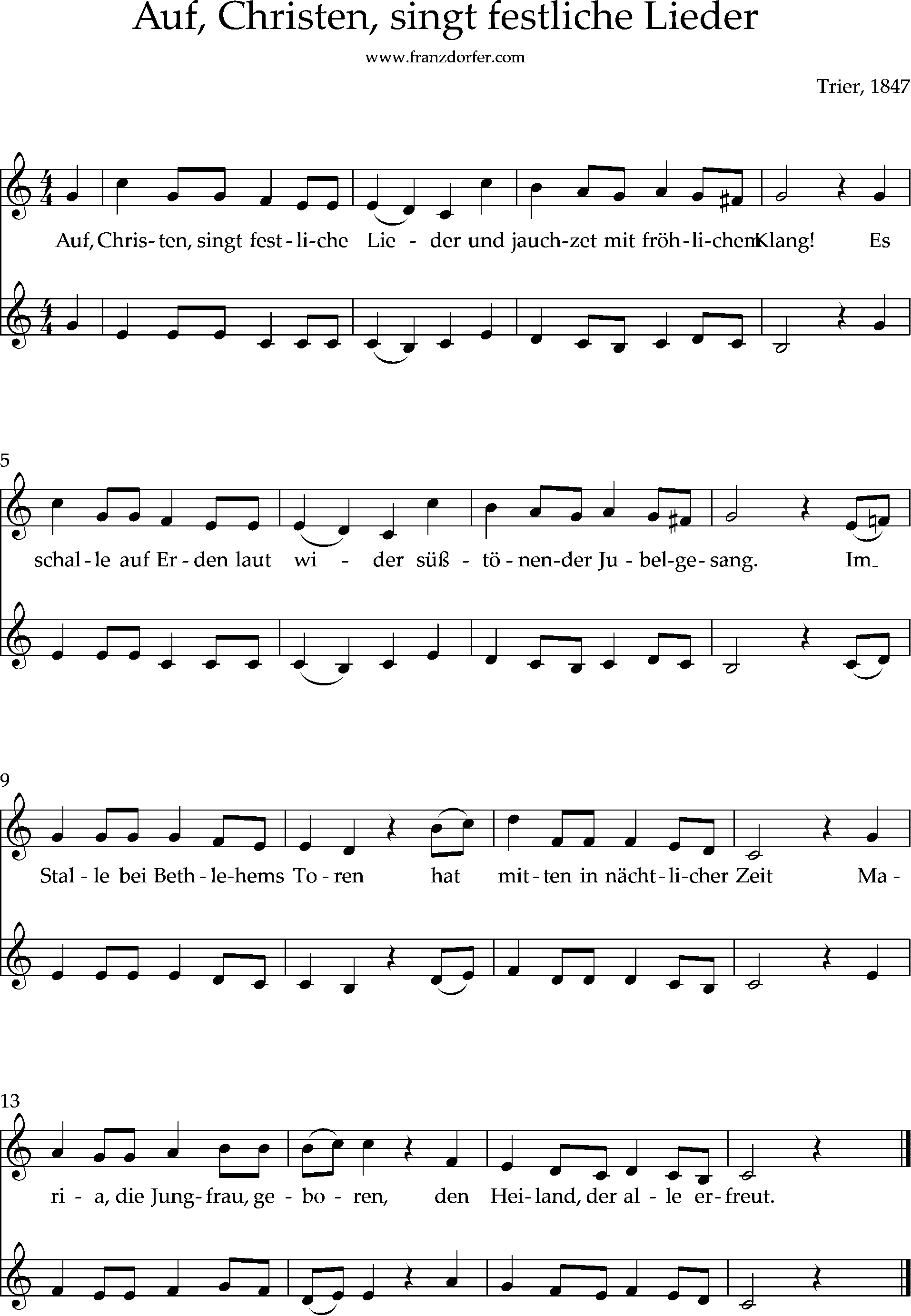 Auf Christen singt festliche liede, Duo, c-Dur, Noten Auf christen singt festliche lieder, duo Noten, C-Dur